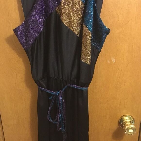 Retro 90s Vintage Metallic Gold Black Purple Blue Belted Zip up Jumpsuit 14 - Picture 5 of 15